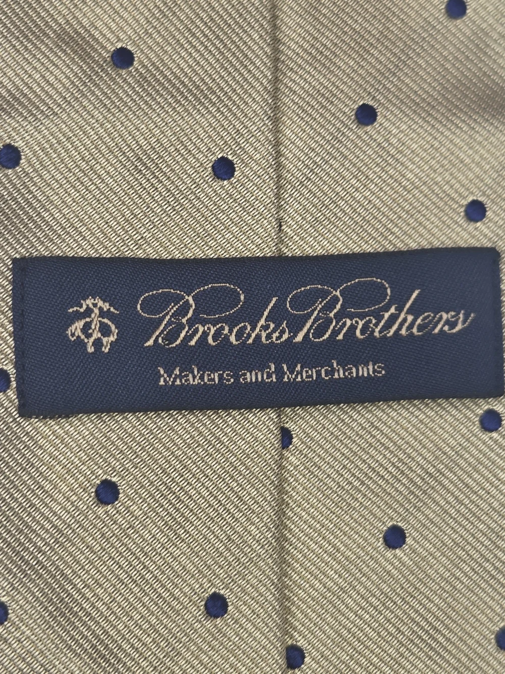 Brooks Brothers Mens 100% Silk Gold Tie With Navy Blue Polka Dots 3.5